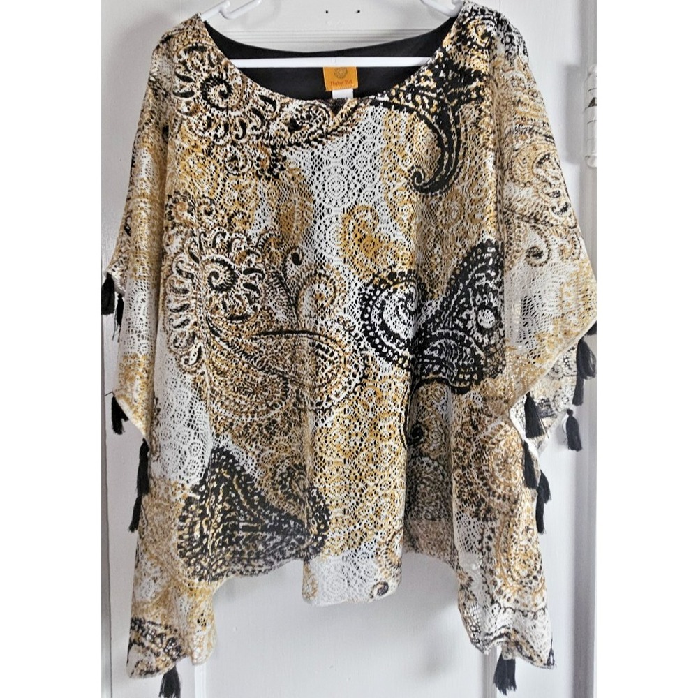 NWOT Ruby Road lace over tank top bat wing sleeve tassels trim poncho Woman XL